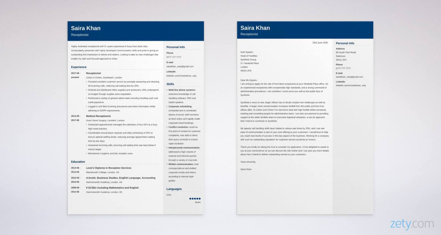 Receptionist cover letter example